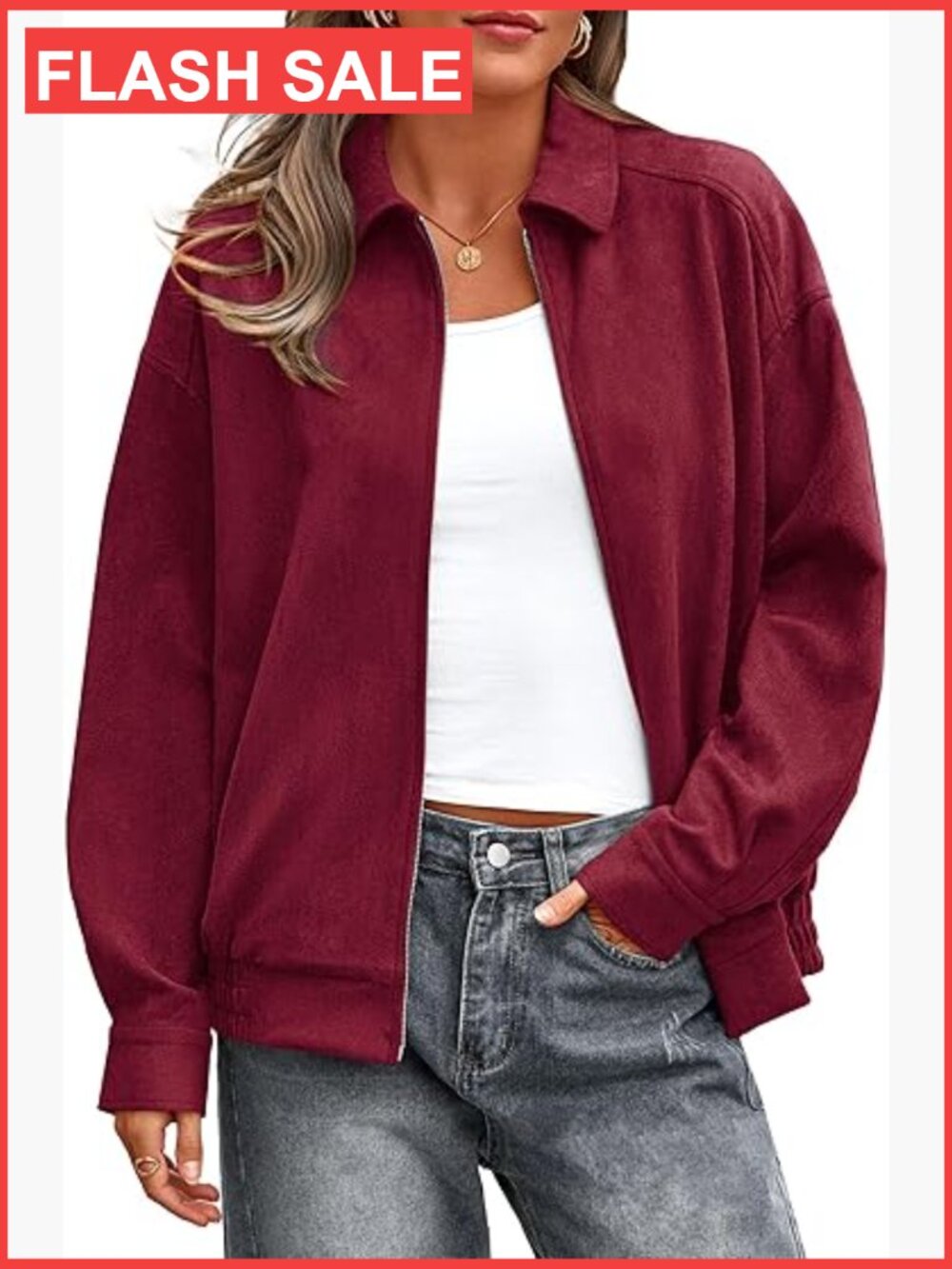 Faux Suede Bomber Jacket - Oversized Zip Up Casual Coat